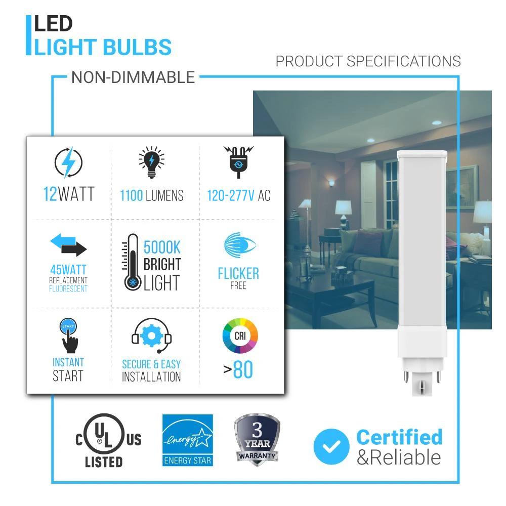 GX24Q-4 Pin Base PL LED Light Bulbs 12W, 5000K 1100 Lumens 120V