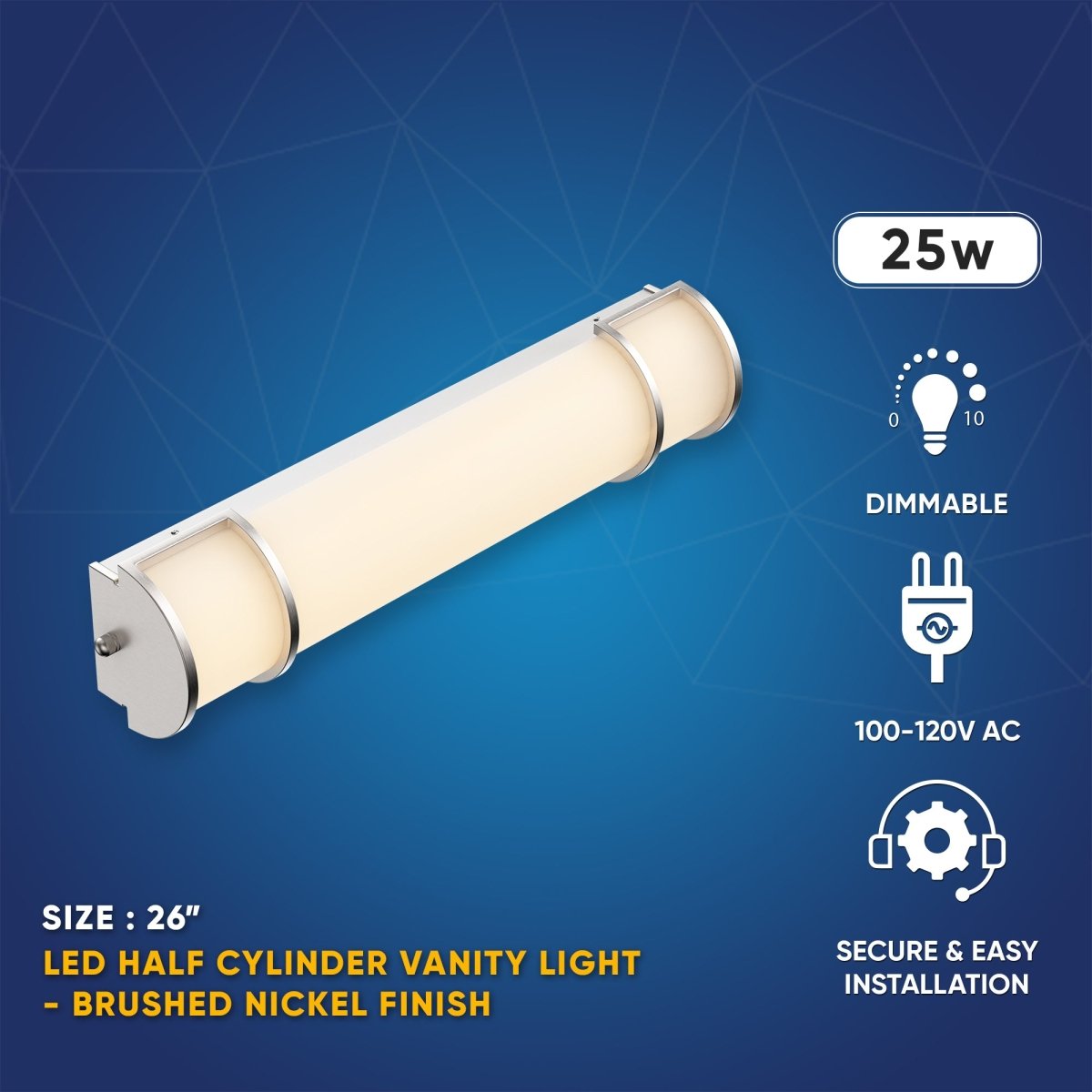 Half Cylinder Bathroom Light Fixtures, CCT Changeable, Dimmable , Brushed Nickel Finish, Bathroom Vanity Lighting