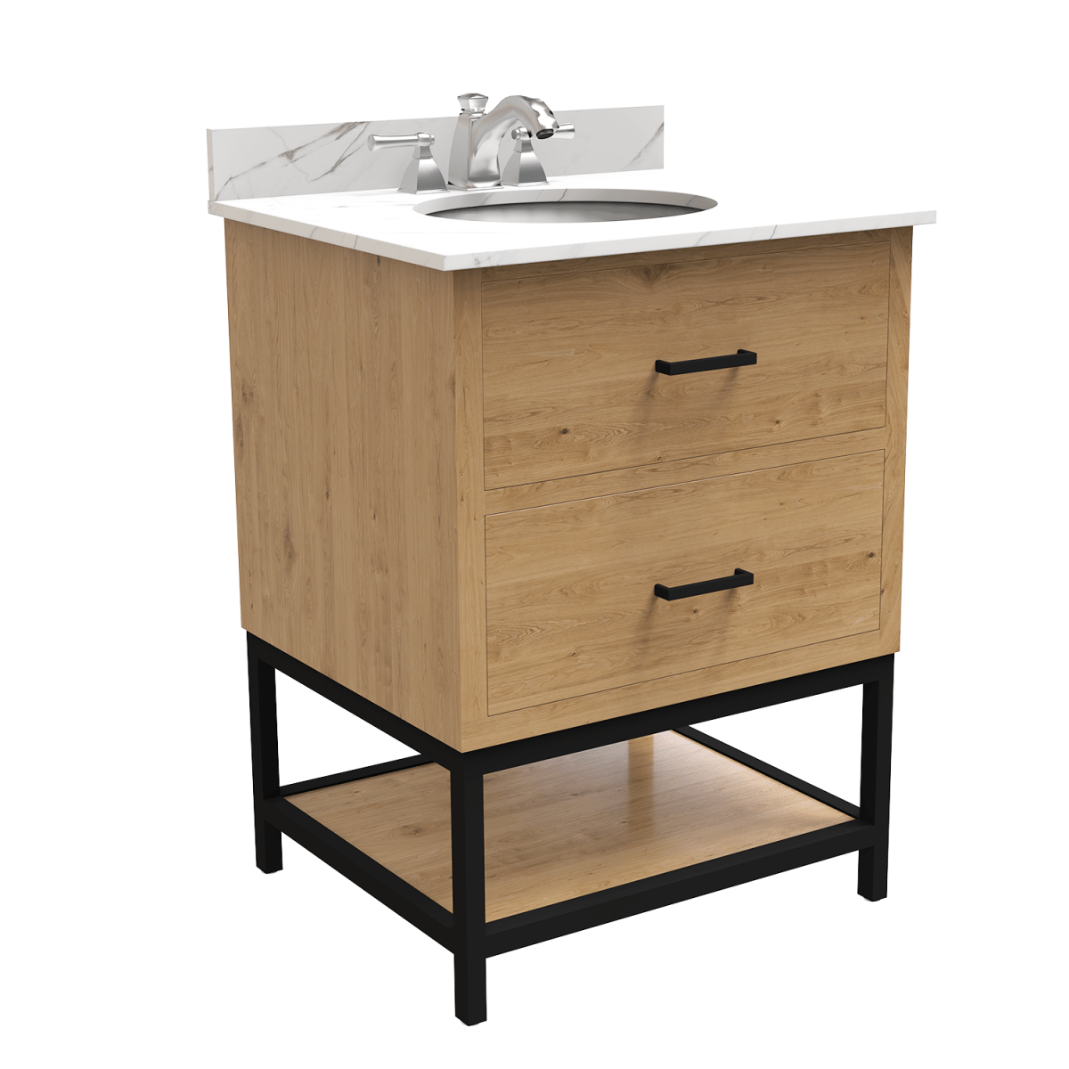 Hartley 24 In. Freestanding Bathroom Vanity with Metal Frame, Carrara White Engineered Stone Sink Top with 4 In. Backsplash in Washed Greige Finish
