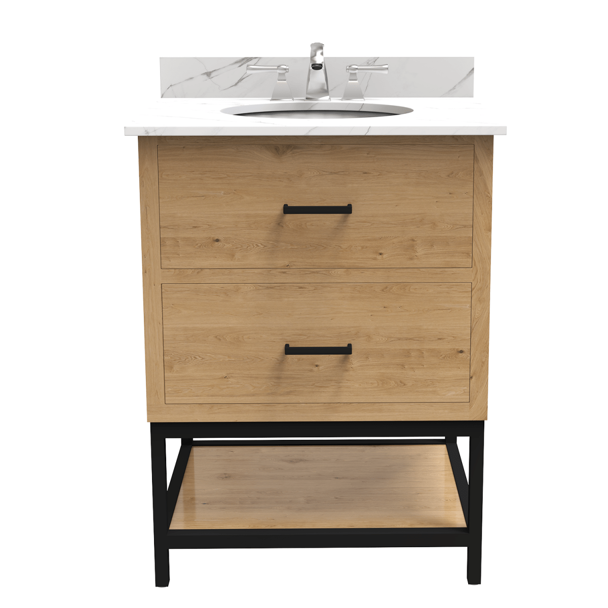 Hartley 24 In. Freestanding Bathroom Vanity with Metal Frame, Carrara White Engineered Stone Sink Top with 4 In. Backsplash in Washed Greige Finish