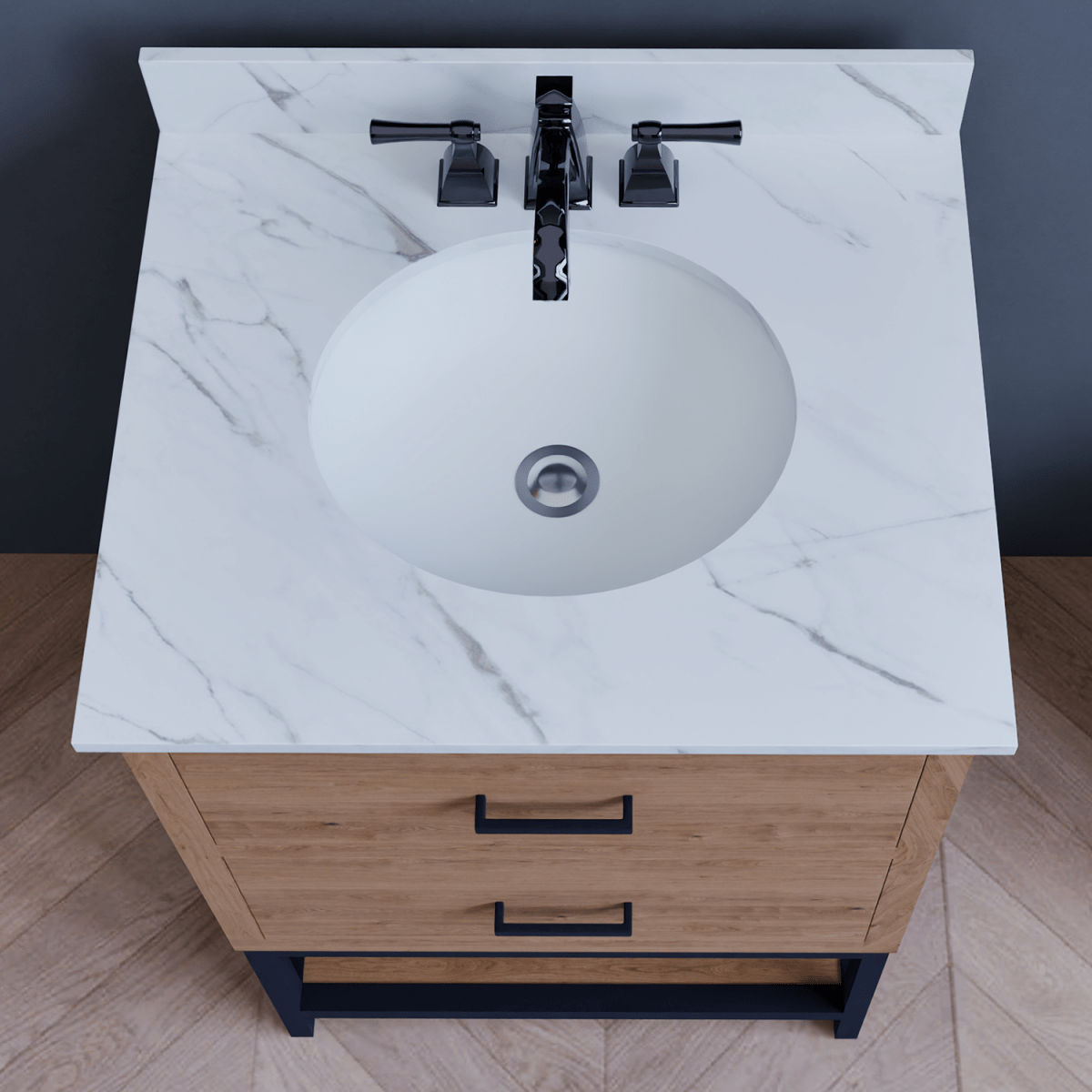 Hartley 24 In. Freestanding Bathroom Vanity with Metal Frame, Carrara White Engineered Stone Sink Top with 4 In. Backsplash in Washed Greige Finish