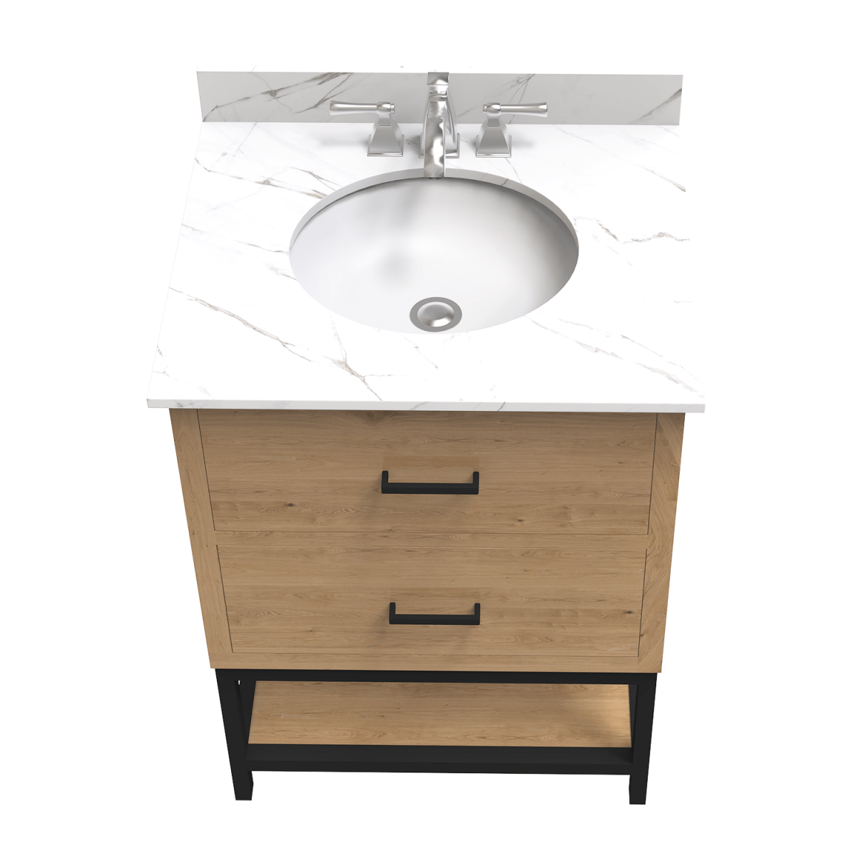 Hartley 24 In. Freestanding Bathroom Vanity with Metal Frame, Carrara White Engineered Stone Sink Top with 4 In. Backsplash in Washed Greige Finish