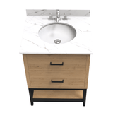 Hartley 24 In. Freestanding Bathroom Vanity with Metal Frame, Carrara White Engineered Stone Sink Top with 4 In. Backsplash in Washed Greige Finish