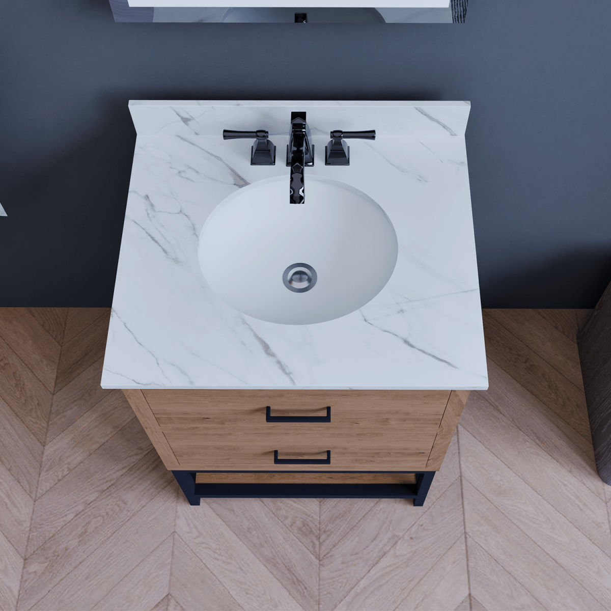 Hartley 24 In. Freestanding Bathroom Vanity with Metal Frame, Carrara White Engineered Stone Sink Top with 4 In. Backsplash in Washed Greige Finish