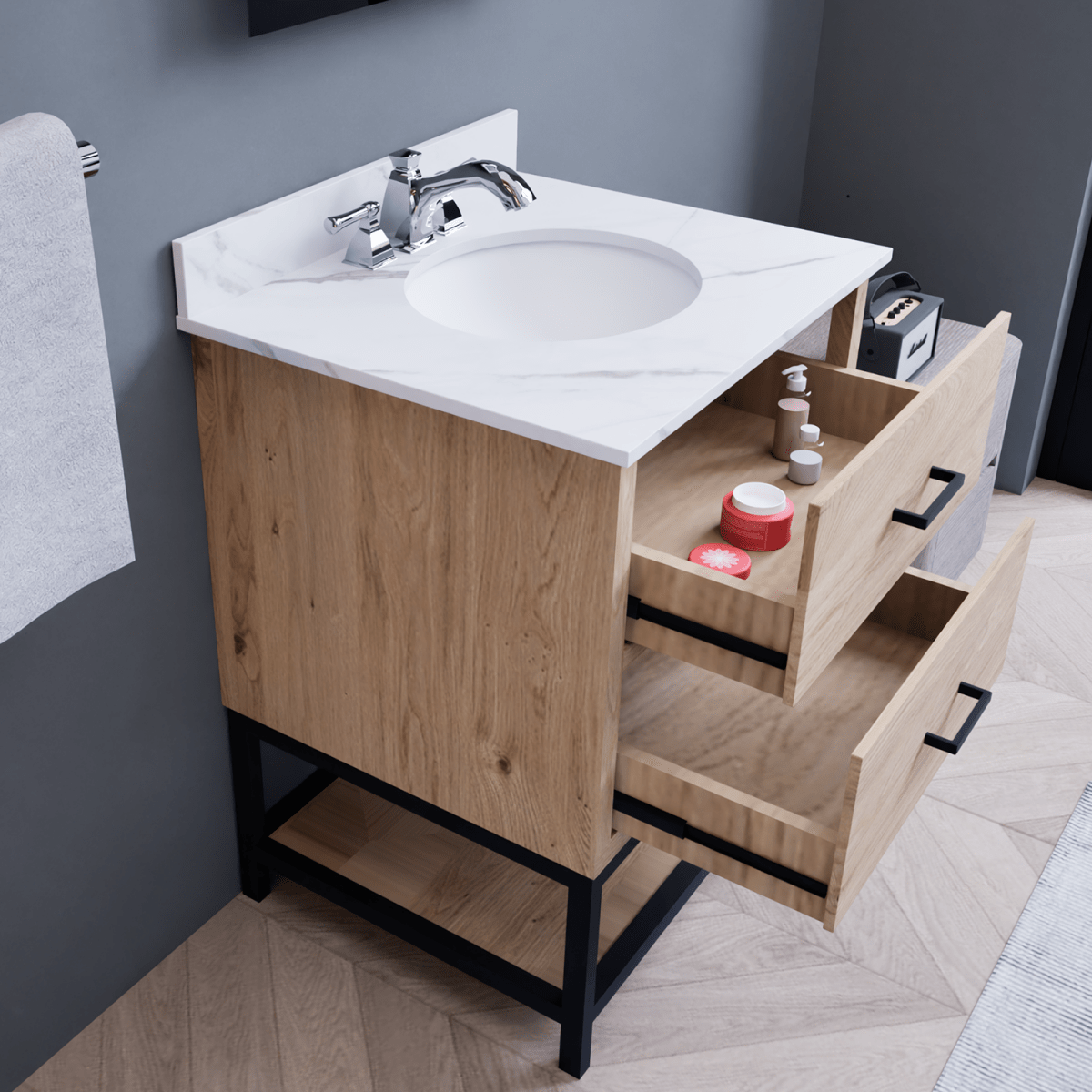 Hartley 24 In. Freestanding Bathroom Vanity with Metal Frame, Carrara White Engineered Stone Sink Top with 4 In. Backsplash in Washed Greige Finish