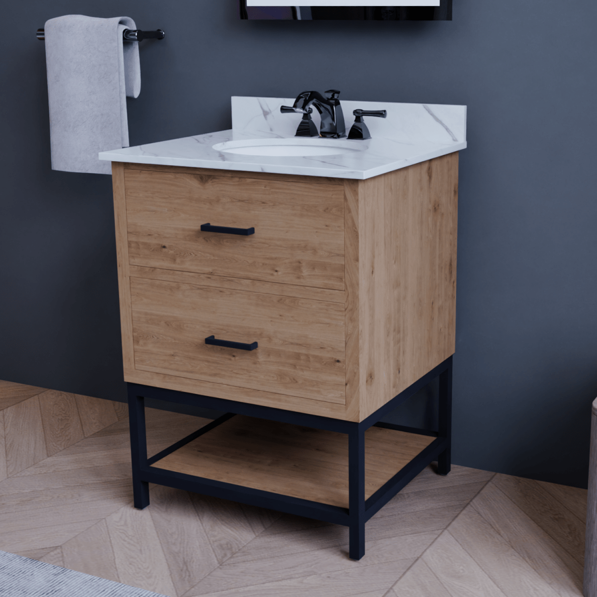 Hartley 24 In. Freestanding Bathroom Vanity with Metal Frame, Carrara White Engineered Stone Sink Top with 4 In. Backsplash in Washed Greige Finish
