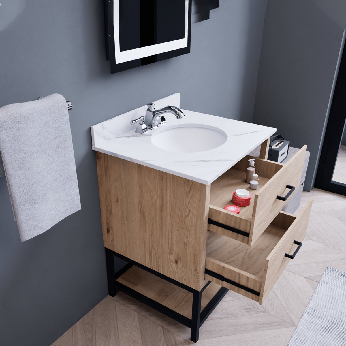Hartley 24 In. Freestanding Bathroom Vanity with Metal Frame, Carrara White Engineered Stone Sink Top with 4 In. Backsplash in Washed Greige Finish