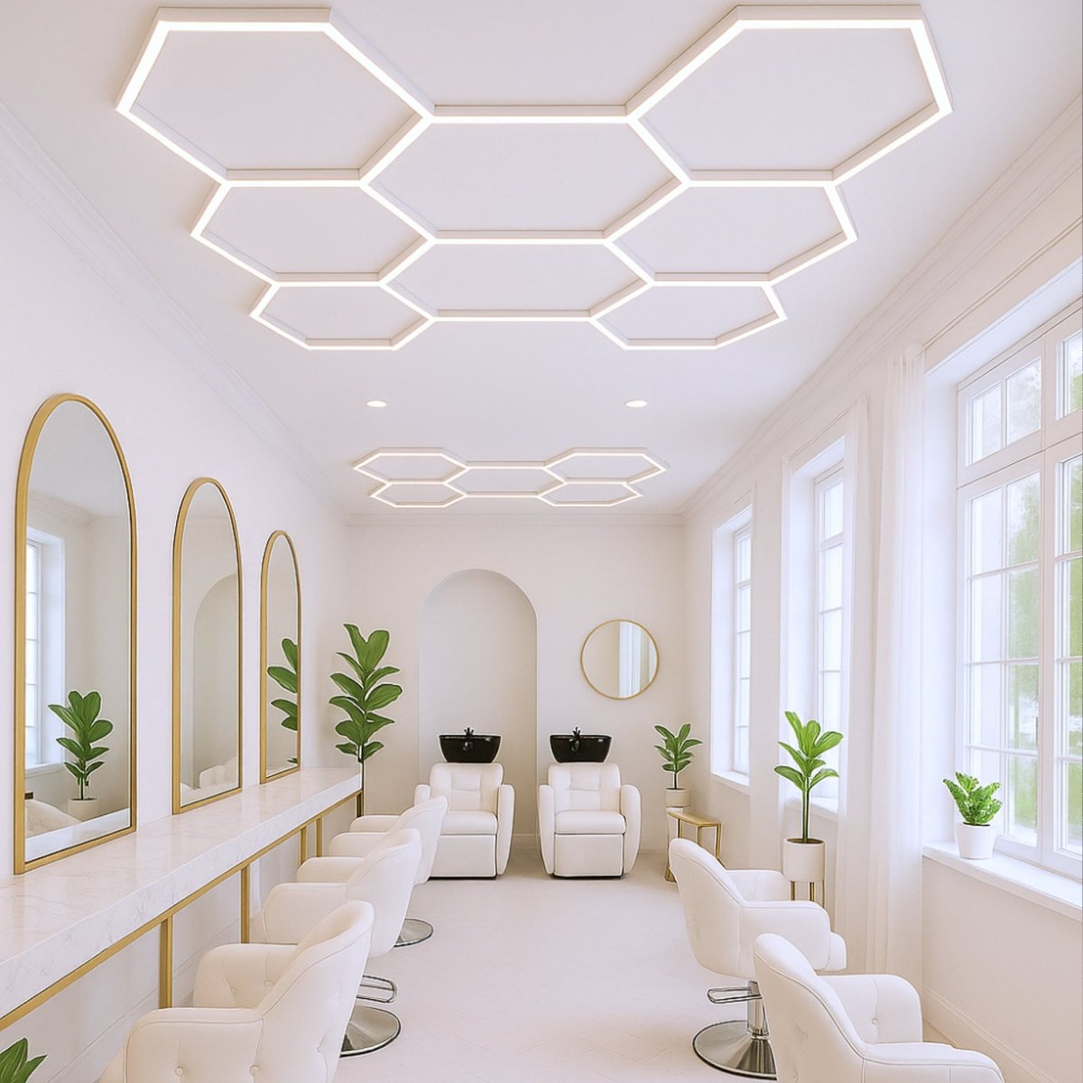 Hexagon LED Garage Light, 8 Hex Kit (35pcs), 6w/pc (Total Power 210W), 6500K, 120-130lm/w, AC100-277v,IP44, CRI:>80, For Garage, Shop, Gym, Basement, Barbershop, Warehouse, Car Detailing Shop