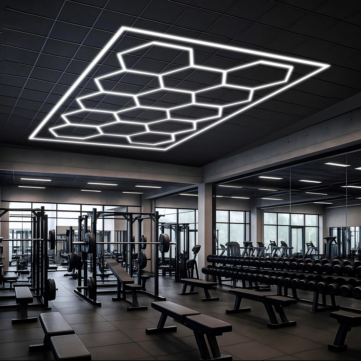 Hexagon LED Garage Lights with Rectangle Frame, 14 Hex Kit (57pcs), 6w/pc (Total Power 534W), 6500K, 120-130lm/w, AC100-277v,IP44, CRI:>80, For Garage, Shop, Gym, Basement, Barbershop, Warehouse
