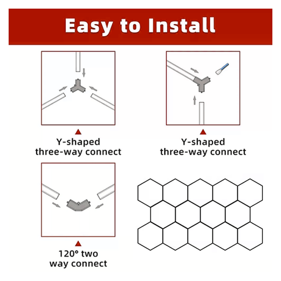 Hexagon LED Garage Lights with Rectangle Frame, 14 Hex Kit (57pcs), 6w/pc (Total Power 534W), 6500K, 120-130lm/w, AC100-277v,IP44, CRI:>80, For Garage, Shop, Gym, Basement, Barbershop, Warehouse