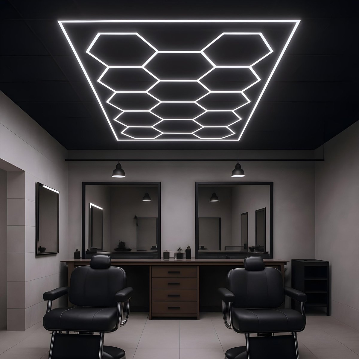 Hexagon LED Garage Lights with Rectangle Frame, 14 Hex Kit (57pcs), 6w/pc (Total Power 534W), 6500K, 120-130lm/w, AC100-277v,IP44, CRI:>80, For Garage, Shop, Gym, Basement, Barbershop, Warehouse