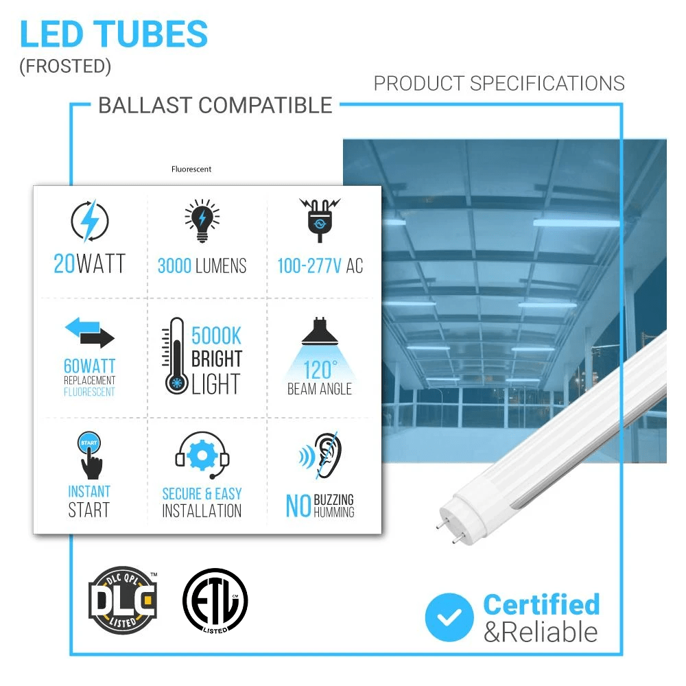Hybrid T8 4ft LED Tube/Bulb - 22w/20w/18w/15w/ 12w/10w Wattage Adjustable, 130lm/w, 3000k/3500k/4000k/5000k/ 6000k/6500k CCT Changeable, Frosted, Base G13, Single End/Double End Power - Ballast Compatible or Bypass