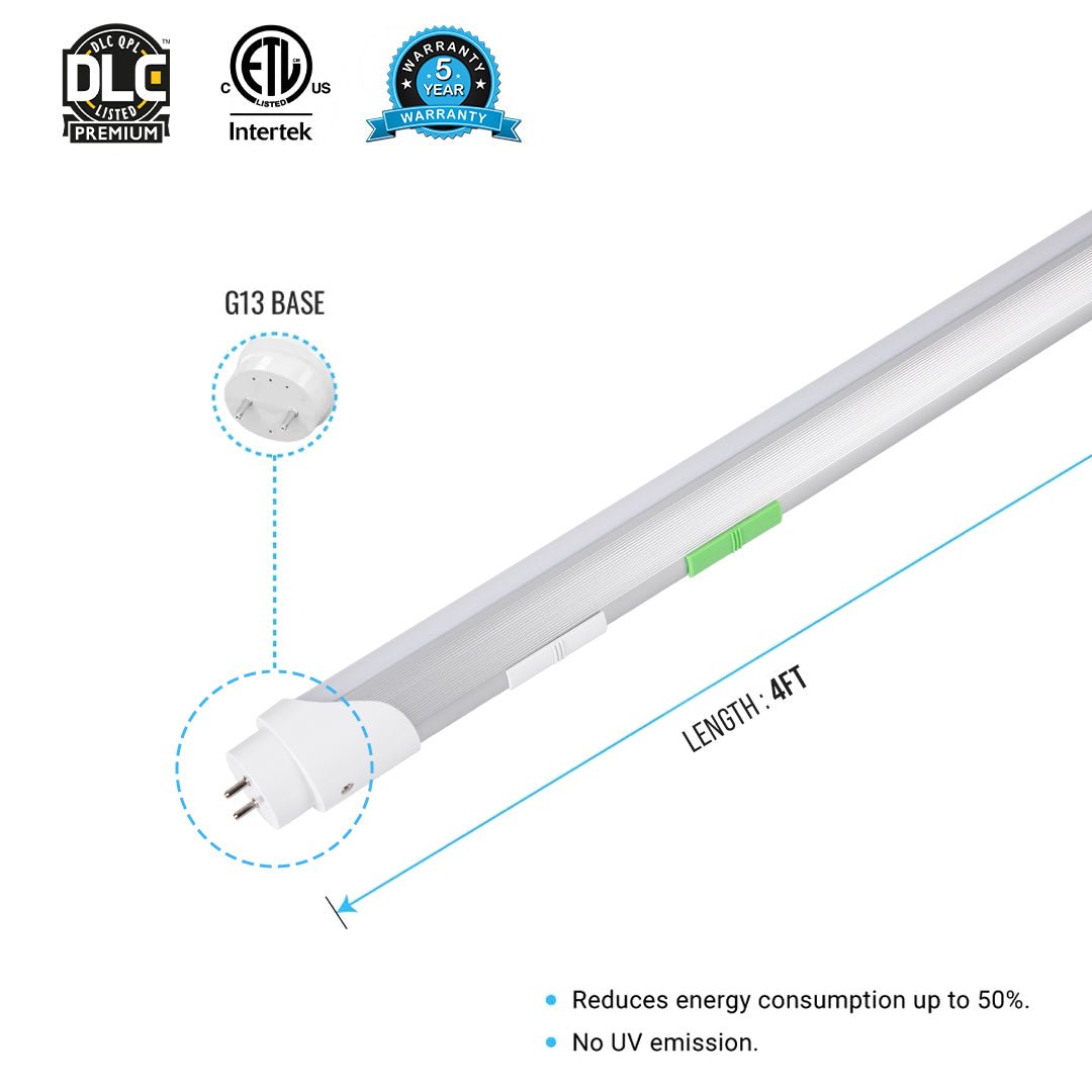 Hybrid T8 4ft LED Tube/Bulb - 22w/20w/18w/15w/ 12w/10w Wattage Adjustable, 130lm/w, 3000k/3500k/4000k/5000k/ 6000k/6500k CCT Changeable, Frosted, Base G13, Single End/Double End Power - Ballast Compatible or Bypass