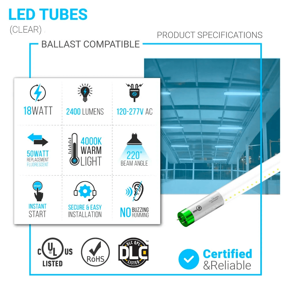 Hybrid T8 4ft LED Tube/Bulb - Glass 18W 2400 Lumens 4000K Clear, Single End/Double End Power - Ballast Compatible or Bypass (Check Compatibility List)