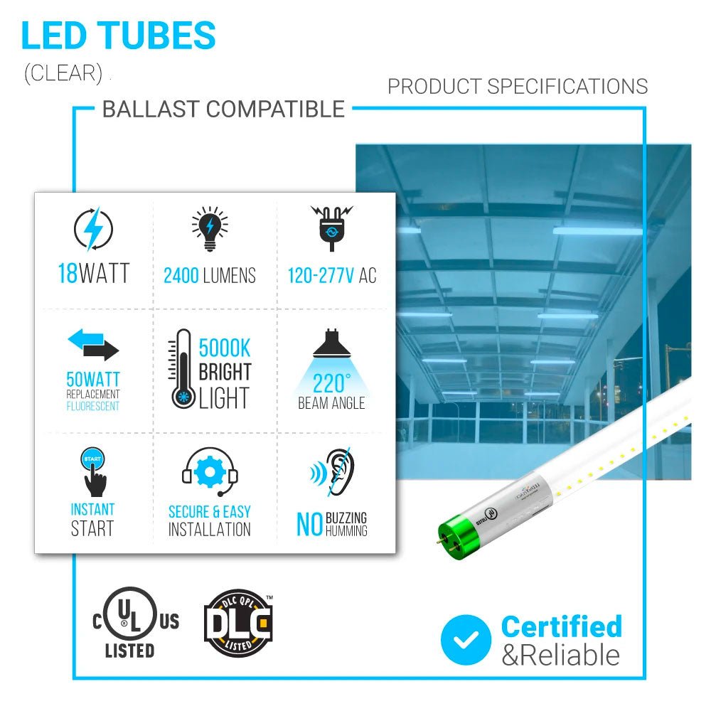Hybrid T8 4ft LED Tube/Bulb - Glass 18W 2400 Lumens 5000K Clear, Single End/Double End Power - Ballast Compatible or Bypass (Check Compatibility List)