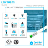 Hybrid T8 4ft LED Tube/Bulb - Glass 18W 2400 Lumens 5000K Clear, Single End/Double End Power - Ballast Compatible or Bypass (Check Compatibility List)