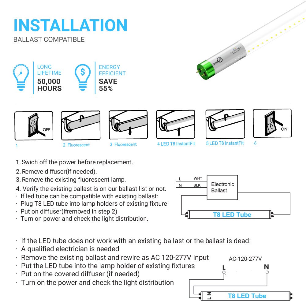Hybrid T8 4ft LED Tube/Bulb - Glass 18W 2400 Lumens 5000K Clear, Single End/Double End Power - Ballast Compatible or Bypass (Check Compatibility List)