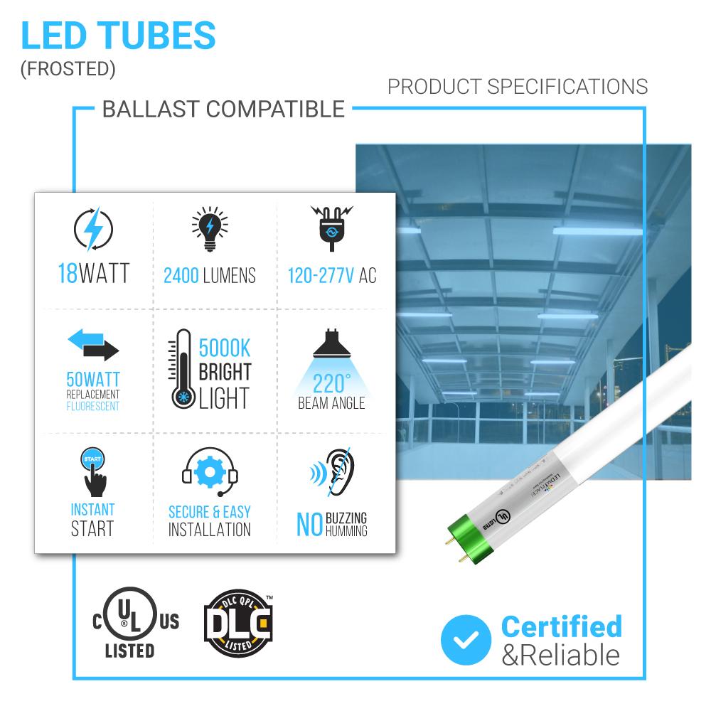 Hybrid T8 4ft LED Tube/Bulb - Glass 18W 2400 Lumens 5000K Frosted, Single End/Double End Power - Ballast Compatible or Bypass (Check Compatibility List)