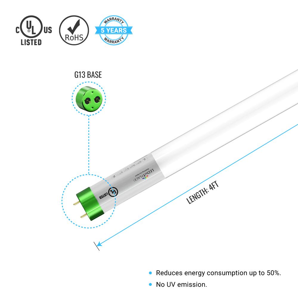 Hybrid T8 4ft LED Tube/Bulb - Glass 18W 2400 Lumens 6500K Frosted, Single End/Double End Power - Ballast Compatible or Bypass (Check Compatibility List)