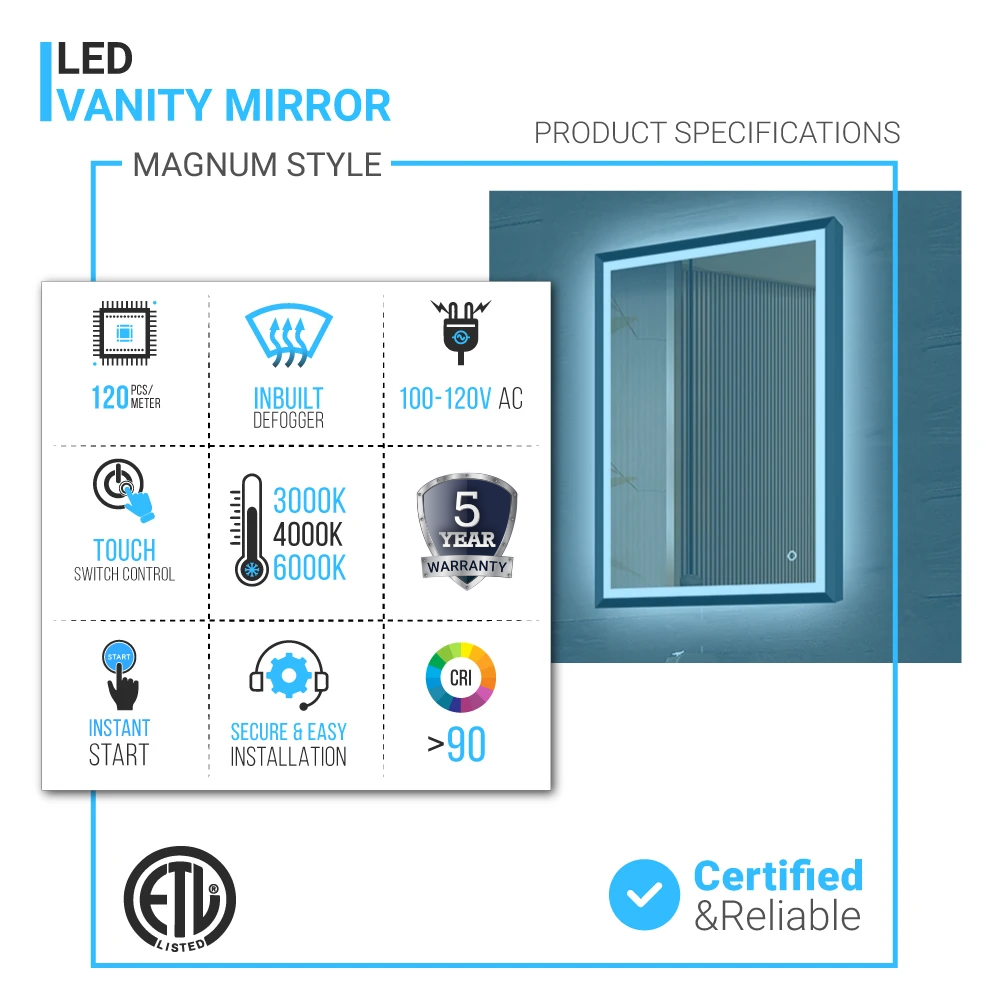 Frontlit/Backlit LED Lighted Bathroom Vanity Mirror with Frame, Anti-Fog, Touch Button, CRI 90+, Adjustable CCT & Memory, Magnum Style