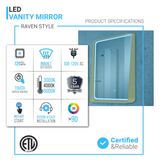 LED Lighted Bathroom Vanity Mirror With Shelf, Wall-Mounted, Touch Switch,  Anti-Fog Adjustable Color Temperature & Remembrance, CRI 90+, Lighted Makeup Mirrors, Raven Style