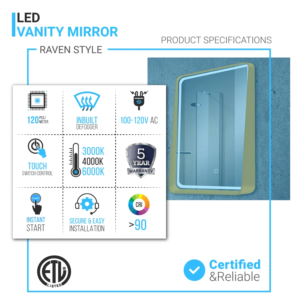 LED Lighted Bathroom Vanity Mirror With Shelf, Wall-Mounted, Touch Switch,  Anti-Fog Adjustable Color Temperature & Remembrance, CRI 90+, Lighted Makeup Mirrors, Raven Style