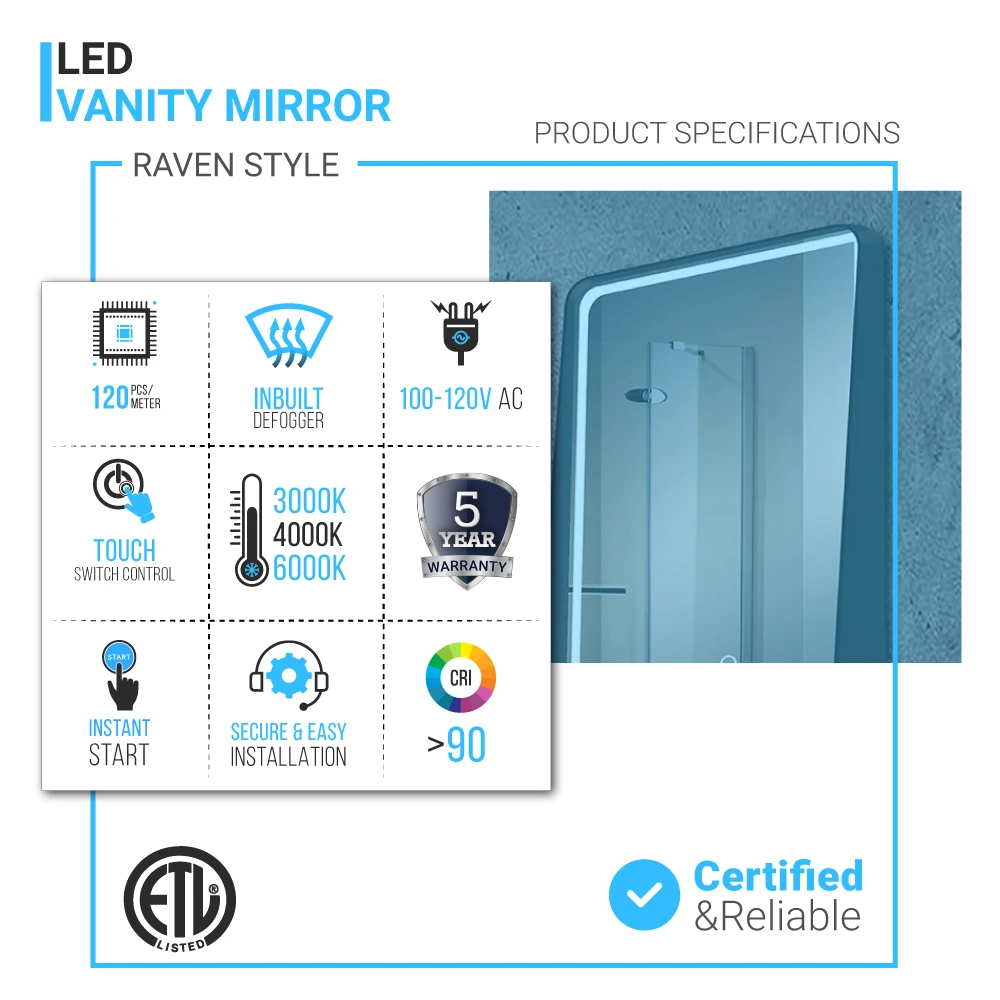 LED Lighted Bathroom Vanity Mirror With Shelf, Wall-Mounted, Touch Switch,  Anti-Fog Adjustable Color Temperature & Remembrance, CRI 90+, Lighted Makeup Mirrors, Raven Style