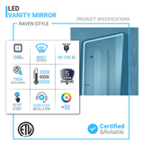 LED Lighted Bathroom Vanity Mirror With Shelf, Wall-Mounted, Touch Switch,  Anti-Fog Adjustable Color Temperature & Remembrance, CRI 90+, Lighted Makeup Mirrors, Raven Style