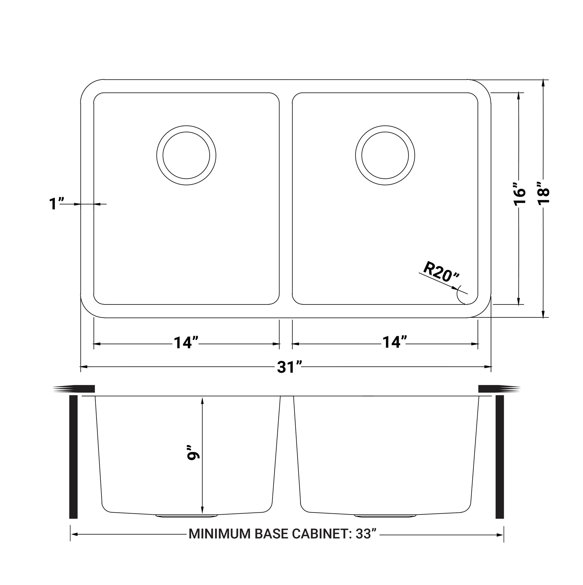 Undermount Kitchen Sink 50/50 Double Bowl 16 Gauge Stainless Steel