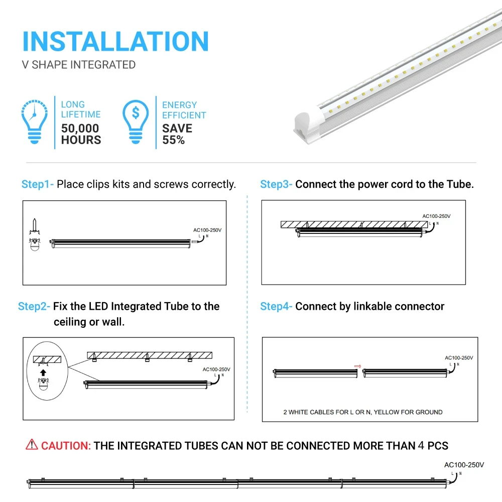 8ft LED Shop Light Fixture, 60W V Shape 6500K 7200LM Clear Cover, AC100-277V, ETL Listed, Plug and Play, Damp Location, High Output T8 Integrated LED Tube, Linkable LED Shop Lights for Garage, Warehouse, Workshop