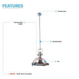 Industrial Pendant Light Fixture, Satin Nickel Finish, Dome Shape, Includes Extension Rods 1x6"+3x12", E26 Base