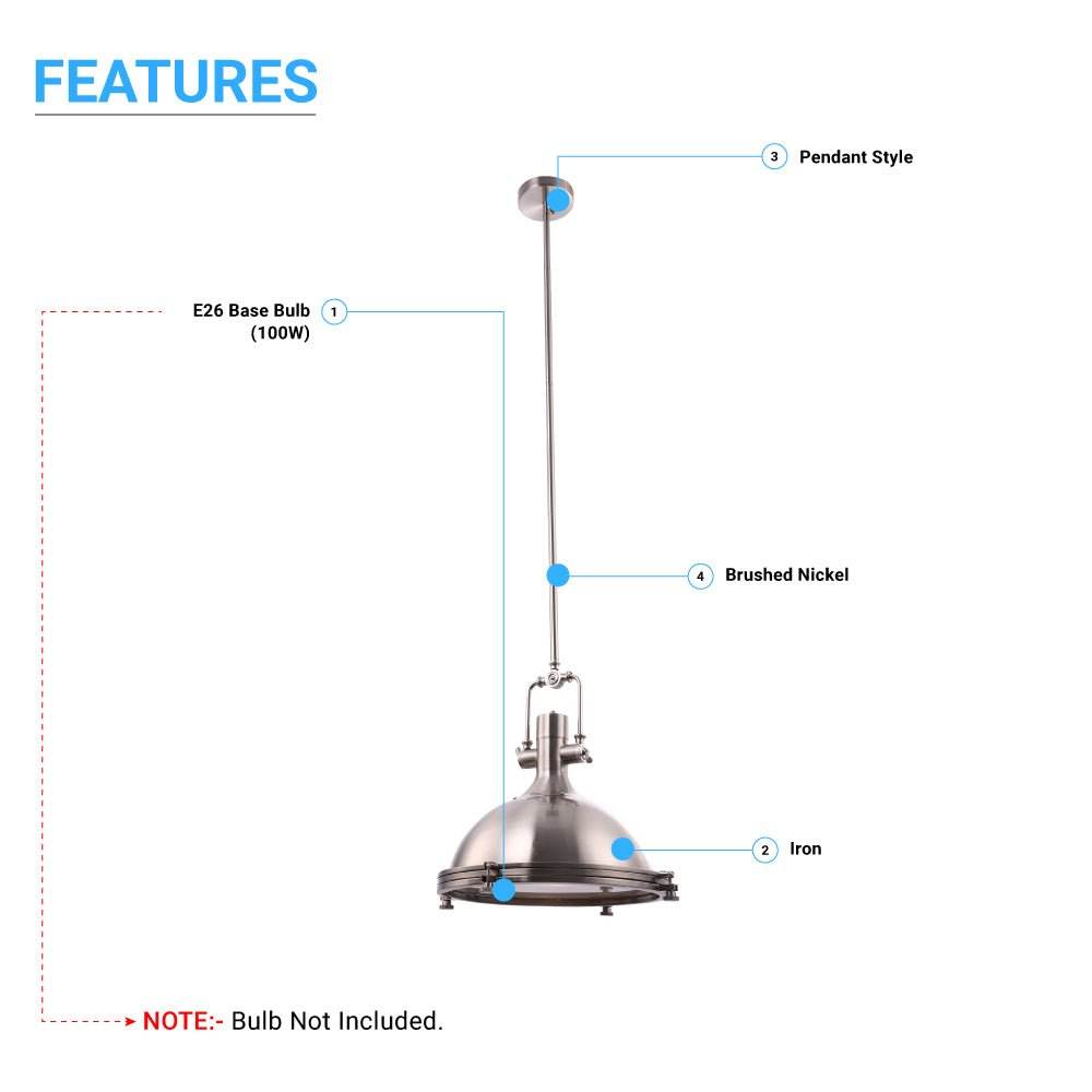 Industrial Pendant Light Fixture, Satin Nickel Finish, Dome Shape, Includes Extension Rods 1x6"+3x12", E26 Base