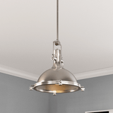 Industrial Pendant Light Fixture, Satin Nickel Finish, Dome Shape, Includes Extension Rods 1x6"+3x12", E26 Base