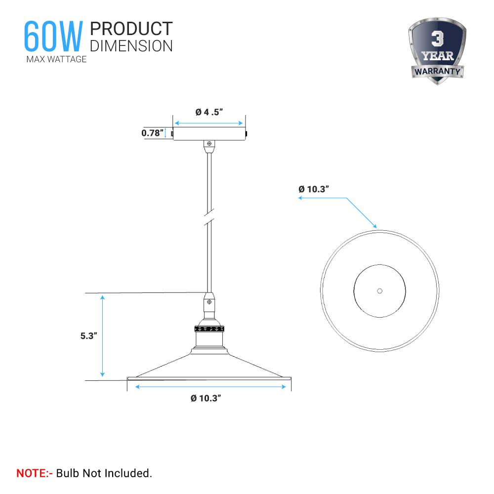 Industrial Style Matte Black Pendant Light Fixture, E26 Base, Antique Brass and Matte Black Finish, UL Listed