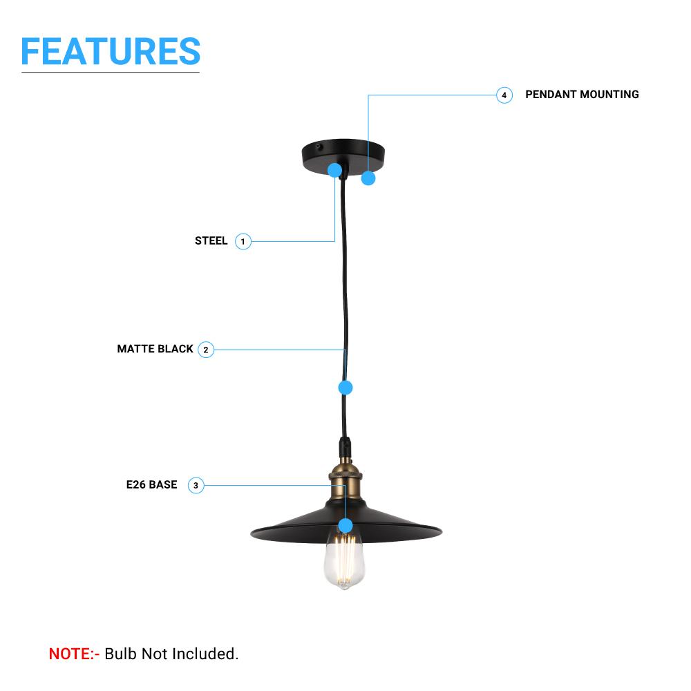 Industrial Style Matte Black Pendant Light Fixture, E26 Base, Antique Brass and Matte Black Finish, UL Listed