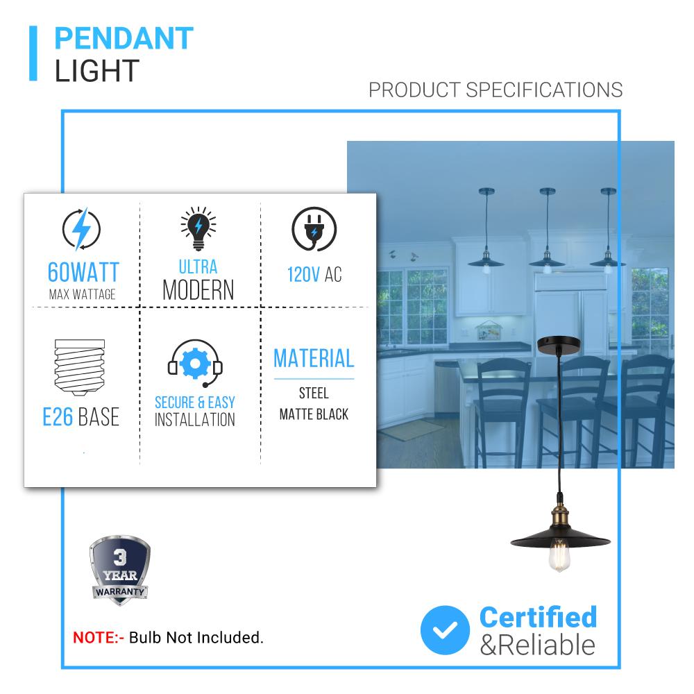 Industrial Style Matte Black Pendant Light Fixture, E26 Base, Antique Brass and Matte Black Finish, UL Listed