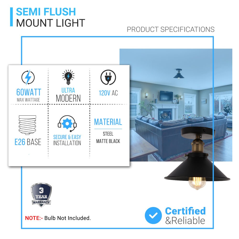 Industrial Style Semi-Flush Mount Lights, E26 Base, Matte Black with Antique Brass Finish, UL Listed, 3 Years Warranty