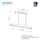 Integrated LED Linear Chandelier Light Fixture In Matte Black Body Finish, 9W, 3000K(warm white), 450LM, Dimmable