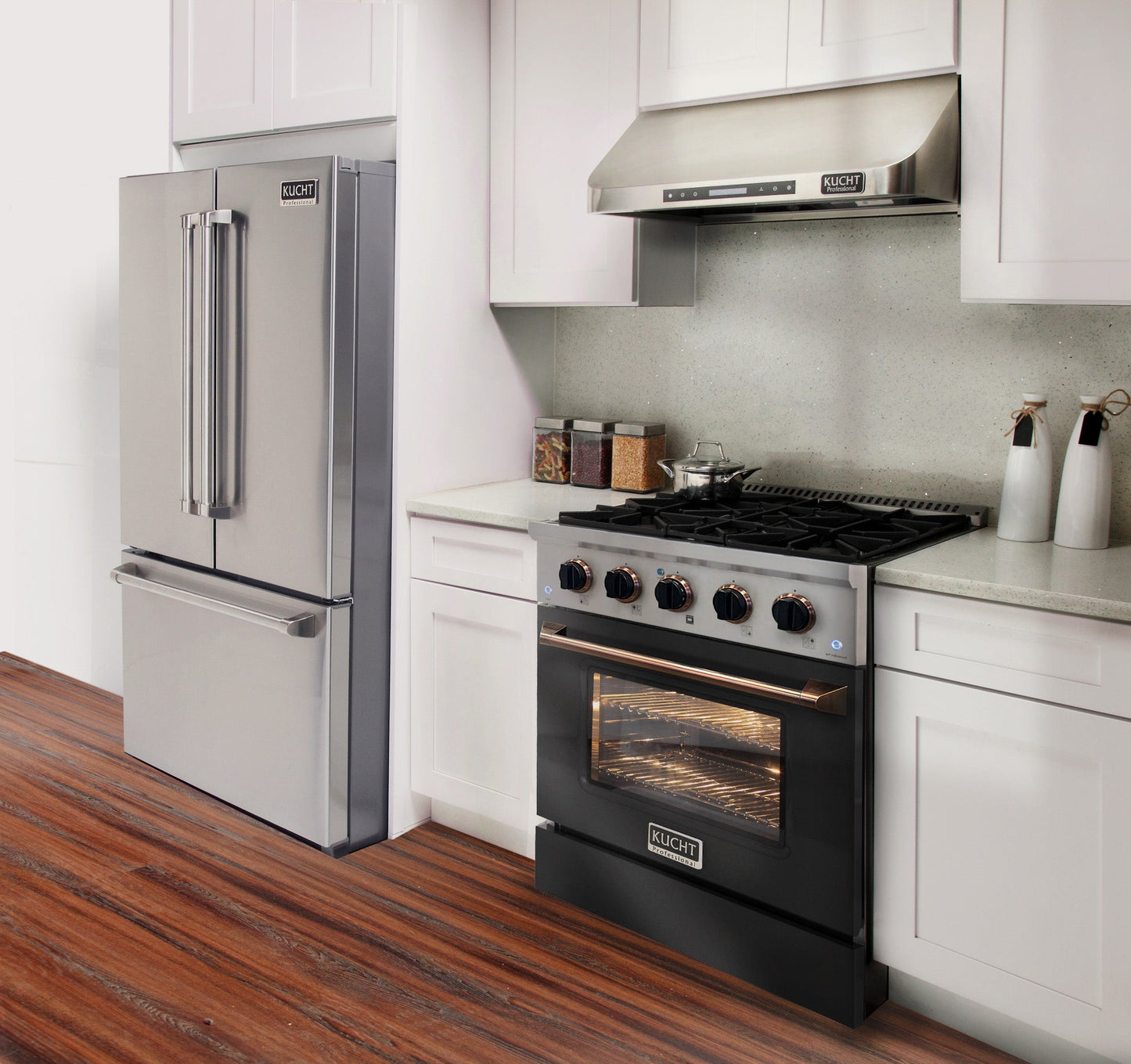 KUCHT Professional 30 in. 4.2 cu. ft. Dual Fuel Range for Natural Gas with Sealed Burners and Convection Oven in Stainless Steel with Black Oven Door Black Knobs and Gold Ring Knobs