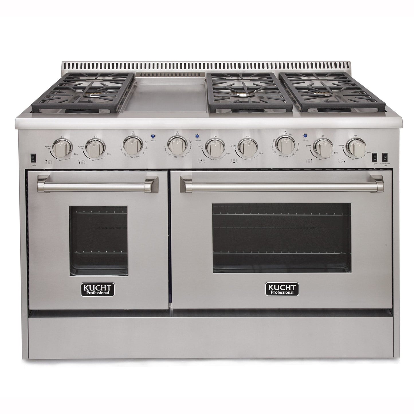 KUCHT Professional 48 in. 6.7 cu. ft. Propane Gas Range with Sealed Burners, Griddle and Two Ovens - One Convection - in Stainless Steel with Classic Silver Knobs
