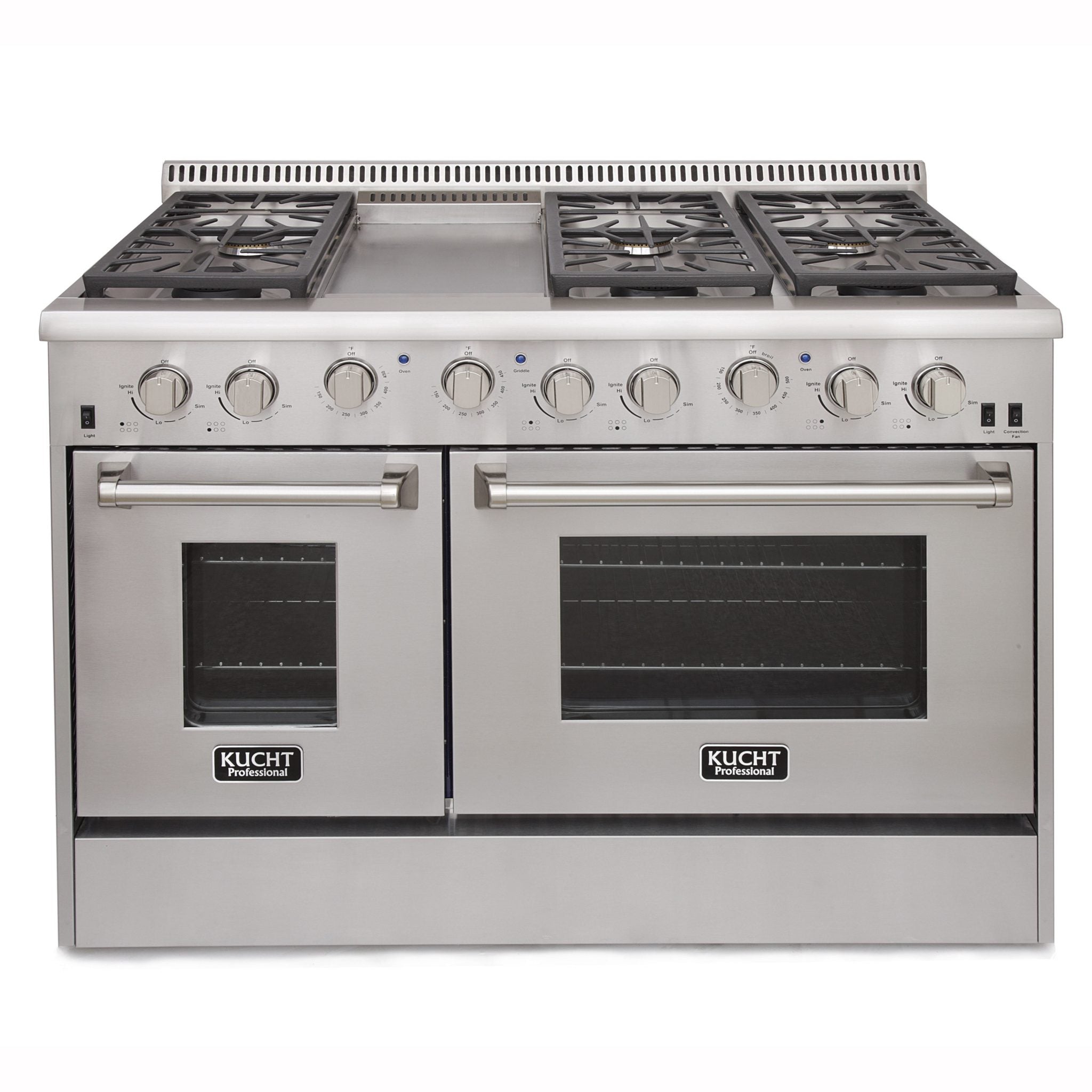 KUCHT Professional 48 in. 6.7 cu. ft. Propane Gas Range with Sealed Burners, Griddle and Two Ovens - One Convection - in Stainless Steel with Classic Silver Knobs