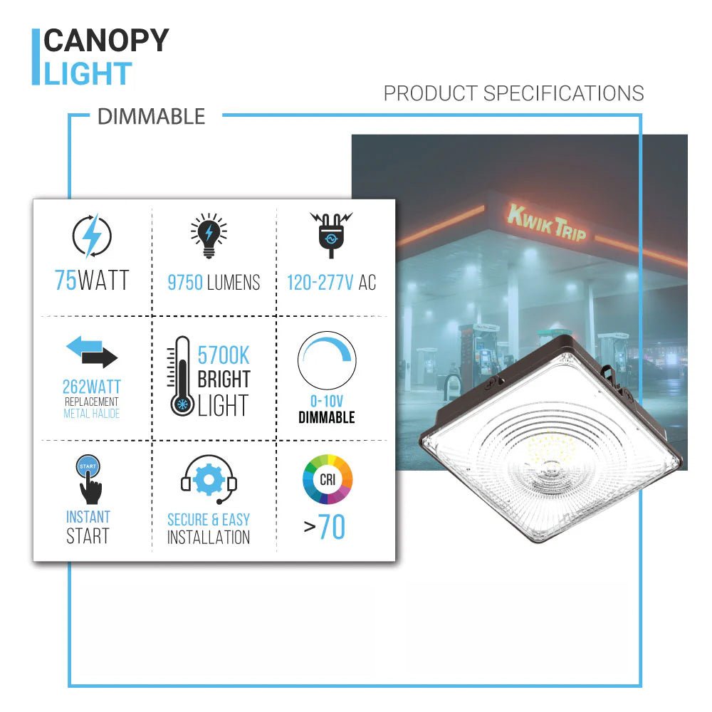 LED Canopy Light 75W 5700K Daylight 9750LM IP65 Waterproof 0-10V Dim 120-277VAC Surface or Pendant Mount, for Gas Stations Outdoor Area Light, Black