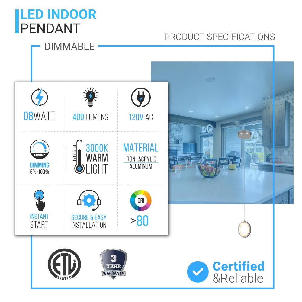 LED Circular Vertical One Ring Pendant Light, 8W, 3000K, 400LM, 120V, Dim: 5.5 x 55 Inch, ETL Listed, Dimmable, Circline Architectural, Hanging Light Fixture