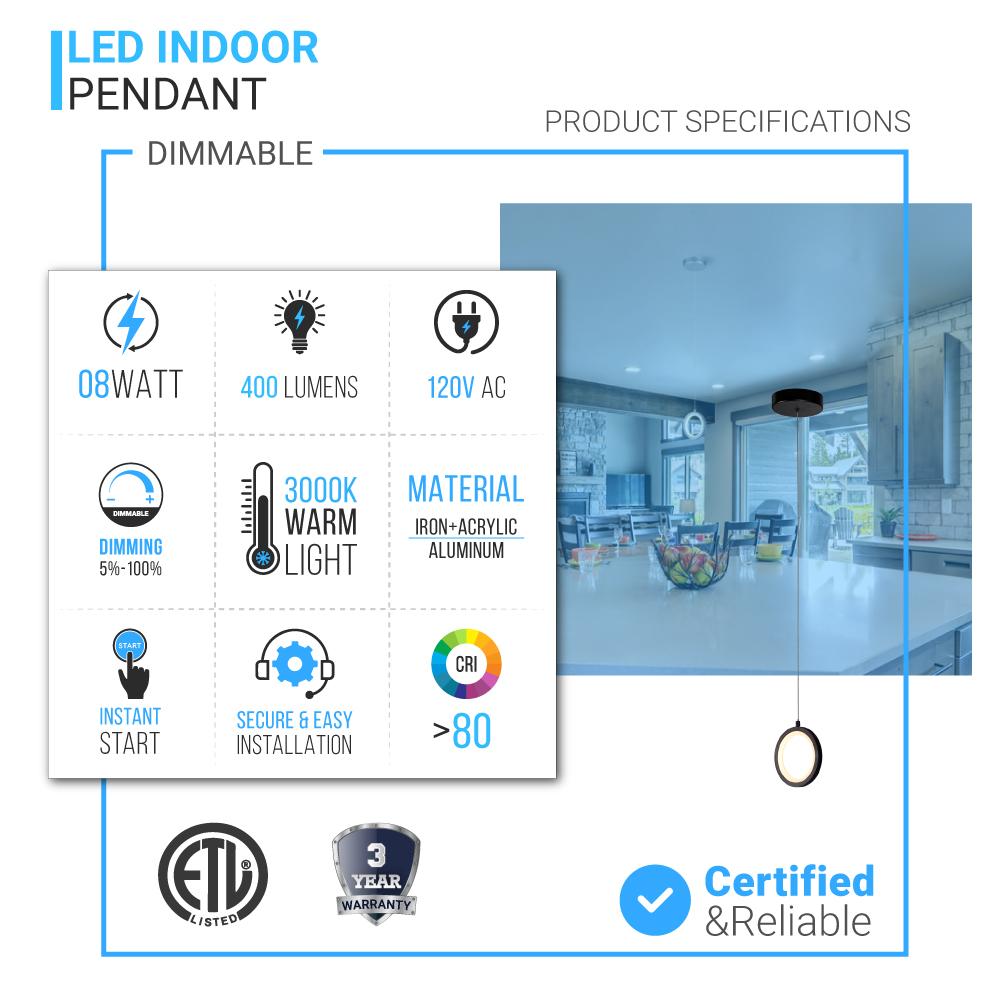 LED Circular Vertical One Ring Pendant Light, 8W, 3000K, 400LM, 120V, Dim: 5.5 x 55 Inch, ETL Listed, Dimmable, Circline Architectural, Hanging Light Fixture