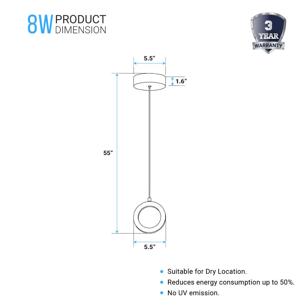 LED Circular Vertical One Ring Pendant Light, 8W, 3000K, 400LM, 120V, Dim: 5.5 x 55 Inch, ETL Listed, Dimmable, Circline Architectural, Hanging Light Fixture