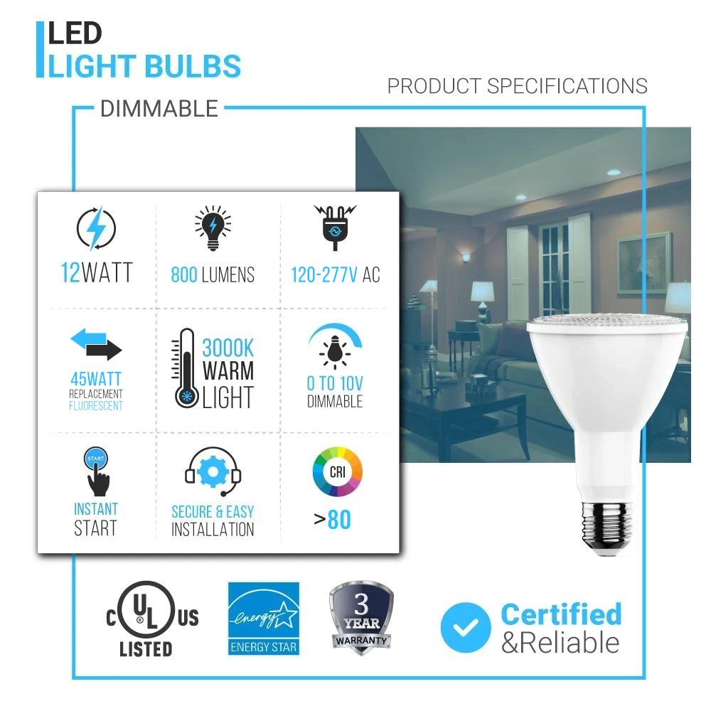 LED Flood Light Bulbs PAR30 Long Neck 12 Watt 3000K 800 Lumens Dimmable 120V E26 Base Damp Location