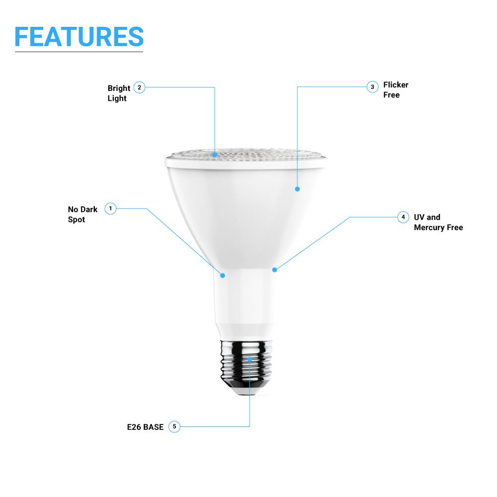 LED Flood Light Bulbs PAR30 Long Neck 12 Watt 5000K 800 Lumens Dimmable 120V E26 Base Damp Location