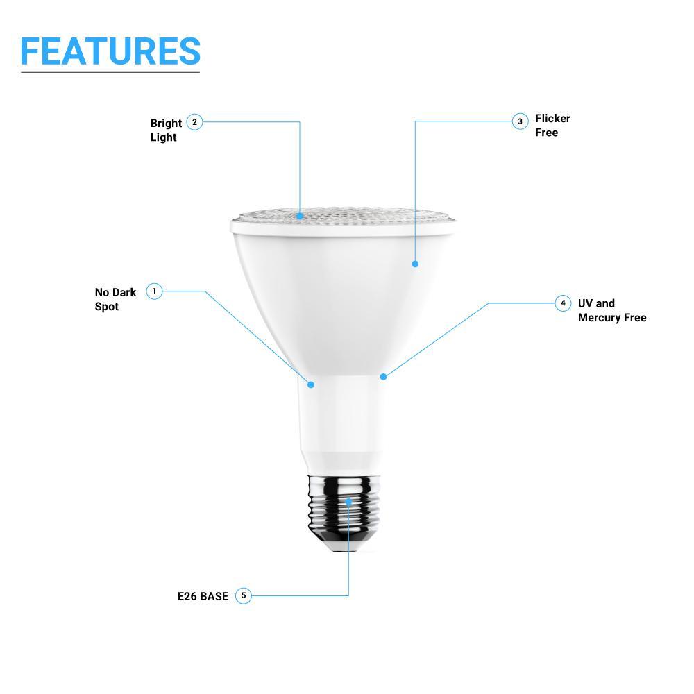 LED Flood Light Bulbs PAR30 Long Neck 12 Watt 5000K 800 Lumens Dimmable 120V E26 Base Damp Location