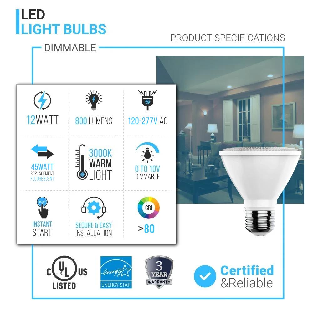 LED Flood Light Bulbs PAR30 Short Neck Dimmable 12 Watt 3000K 800 Lumens 120V E26 Base Damp Location