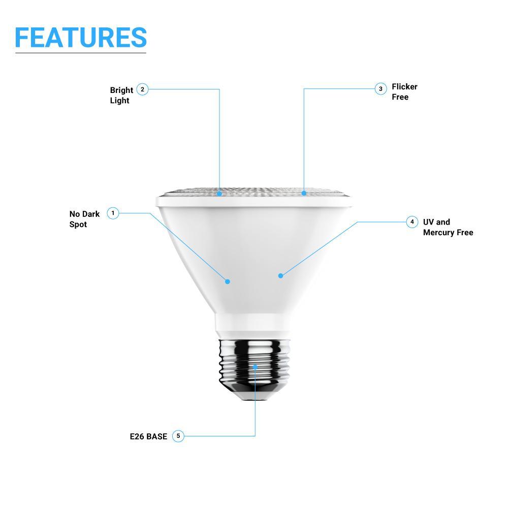 LED Flood Light Bulbs PAR30 Short Neck Dimmable 12 Watt 5000K 800 Lumens 120V E26 Base Damp Location